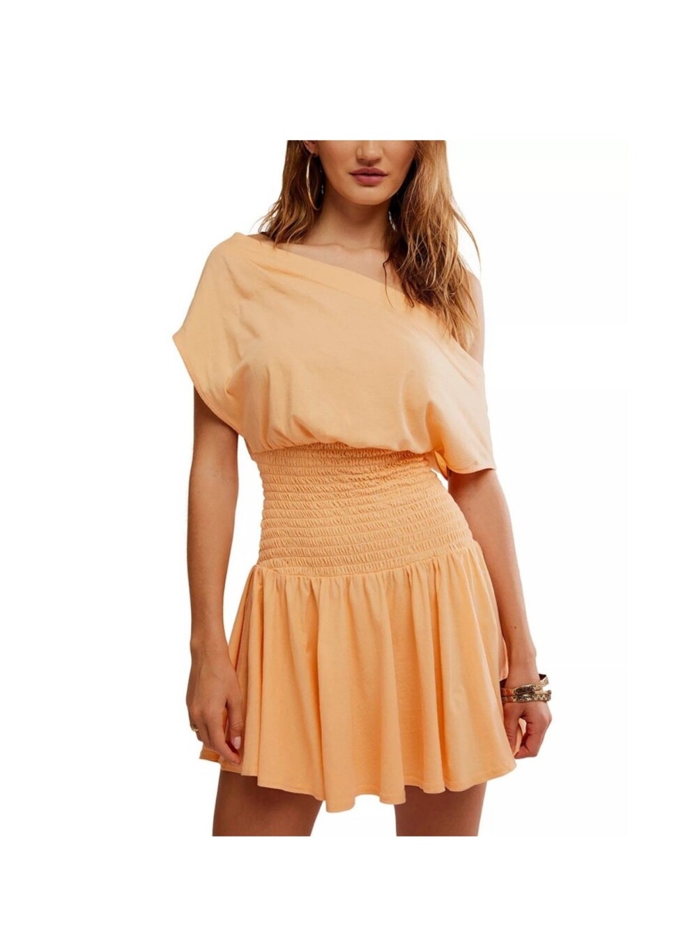 Free People Peach One-Shoulder Smocked Mini Dress